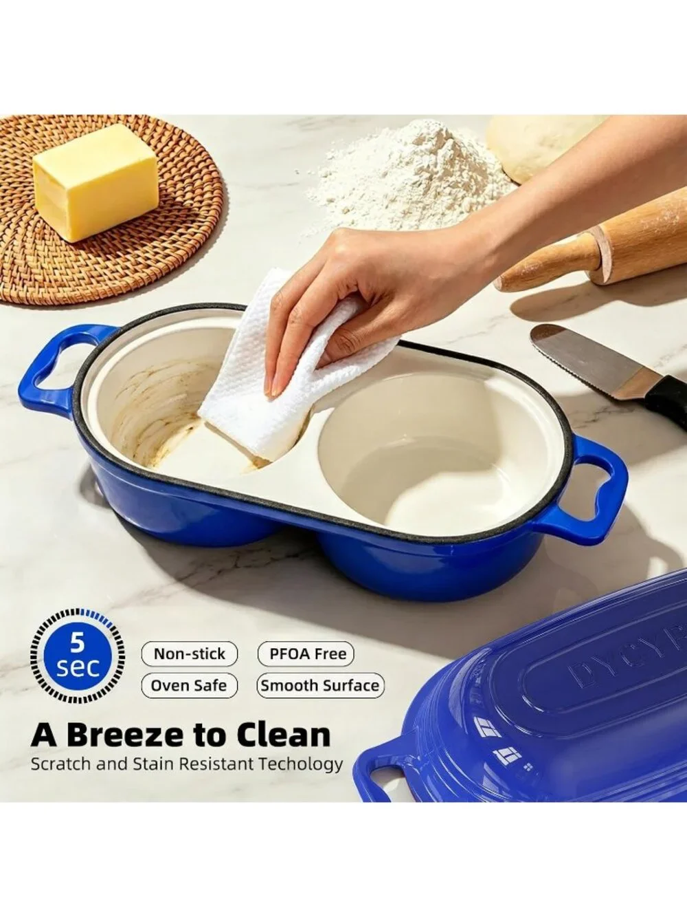 500°F Dark Blue Cast Iron Double Round Bread Loaf Pot with Lid Mini Dutch Oven